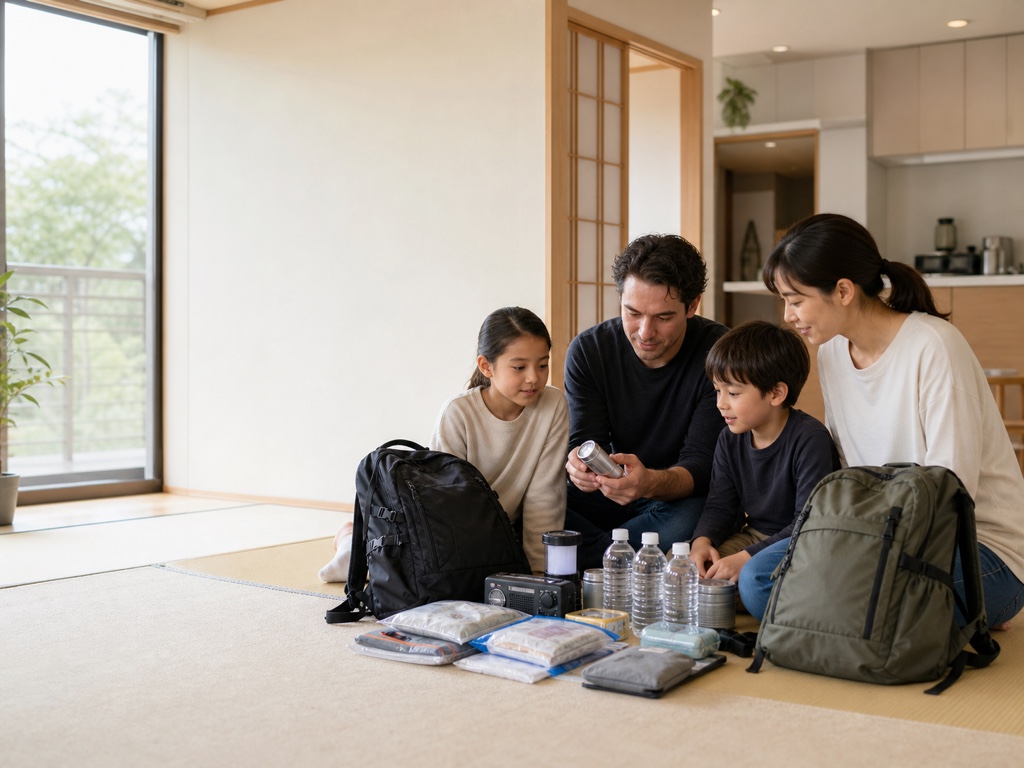 A foreign family in Japan checking their emergency preparedness supplies together at home