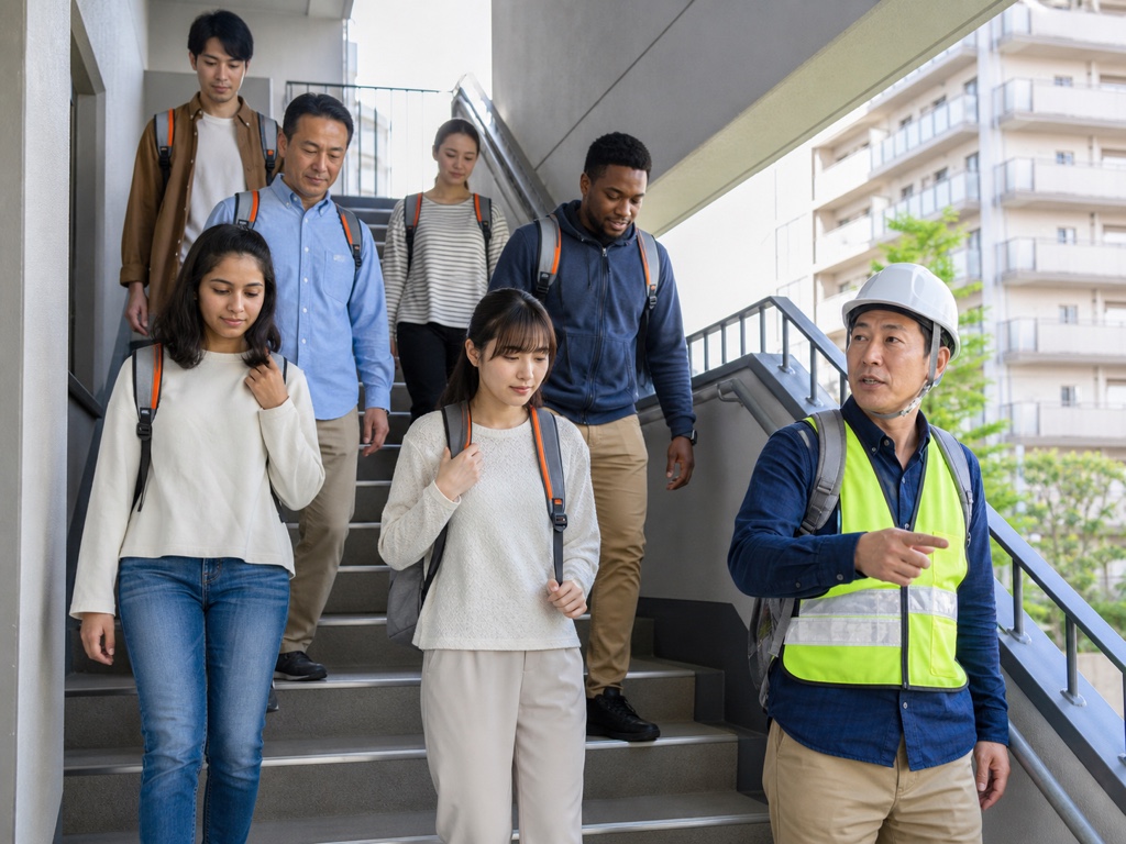 Residents following an evacuation route during an earthquake drill
