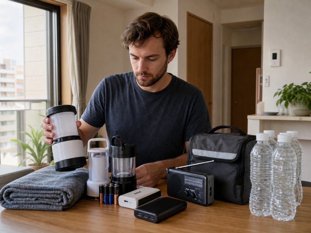 A power outage kit with flashlight, radio, and power bank