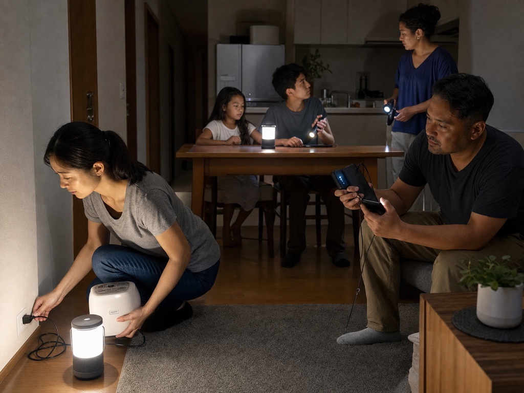 A family using lanterns and a power bank during an evening blackout