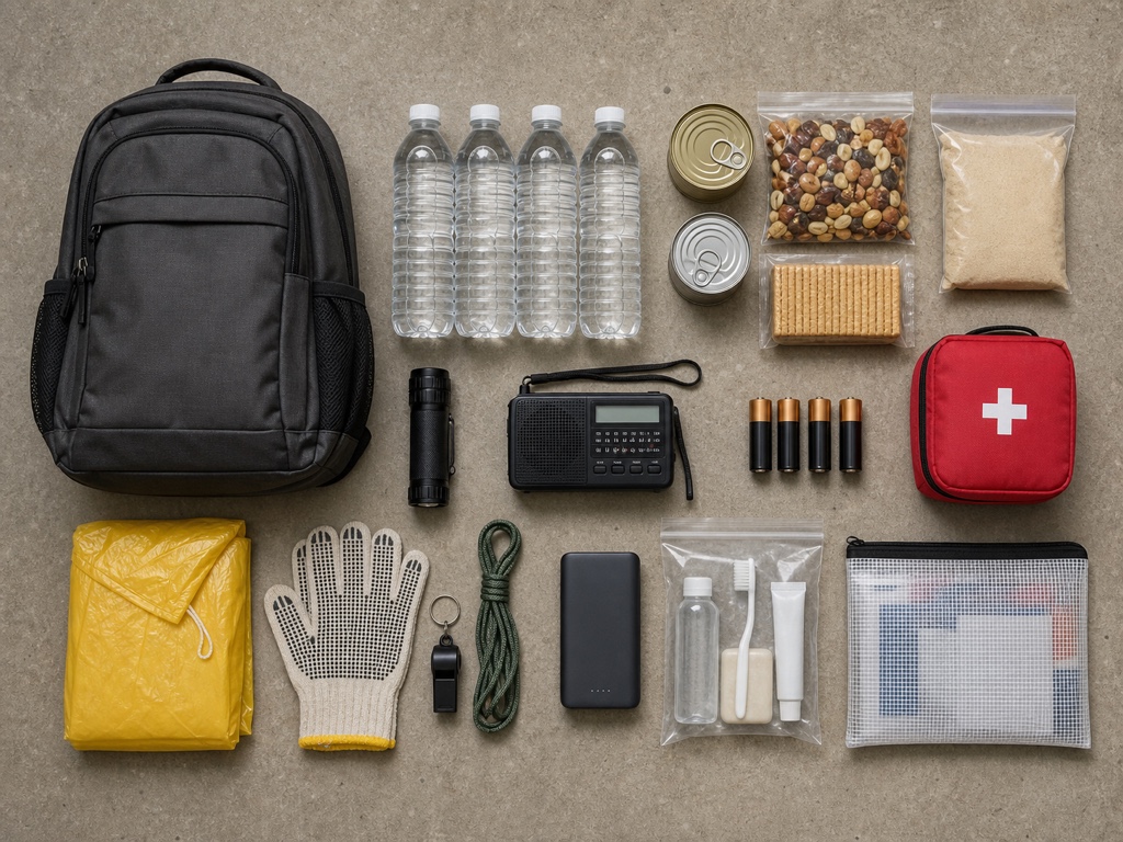 A flat-lay of emergency kit items laid out for packing