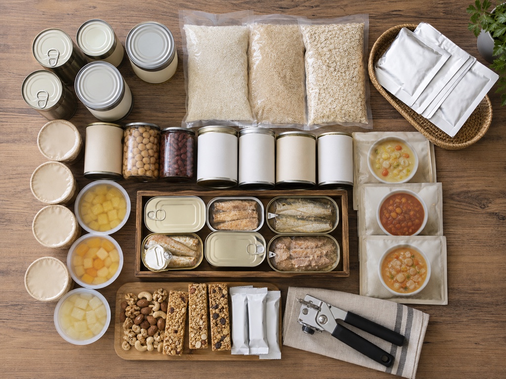 A balanced emergency food supply: staples, protein, and ready-to-eat meals