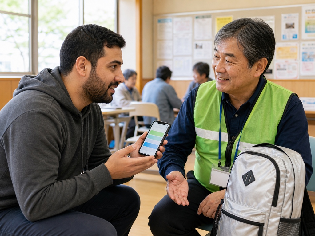 A foreign resident receiving language assistance during an emergency in Japan