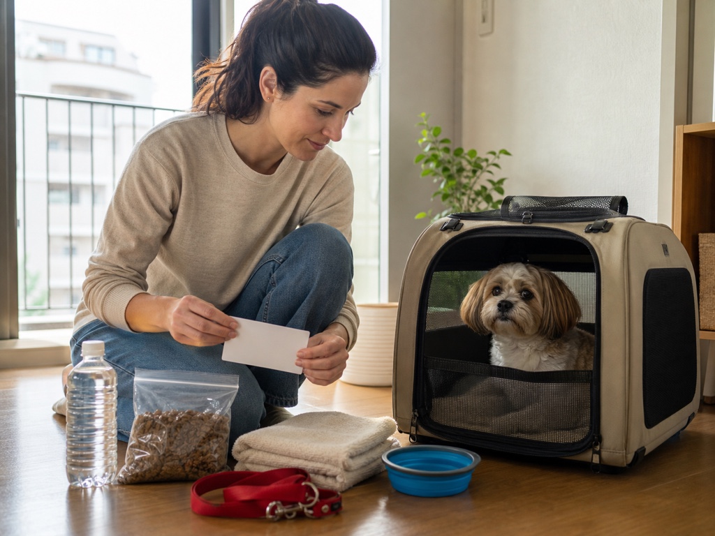 Preparing a pet emergency kit with carrier and food