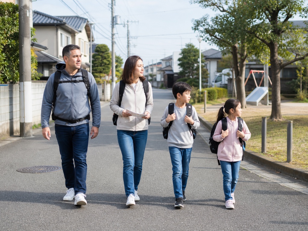 A suburban family walking their evacuation route together