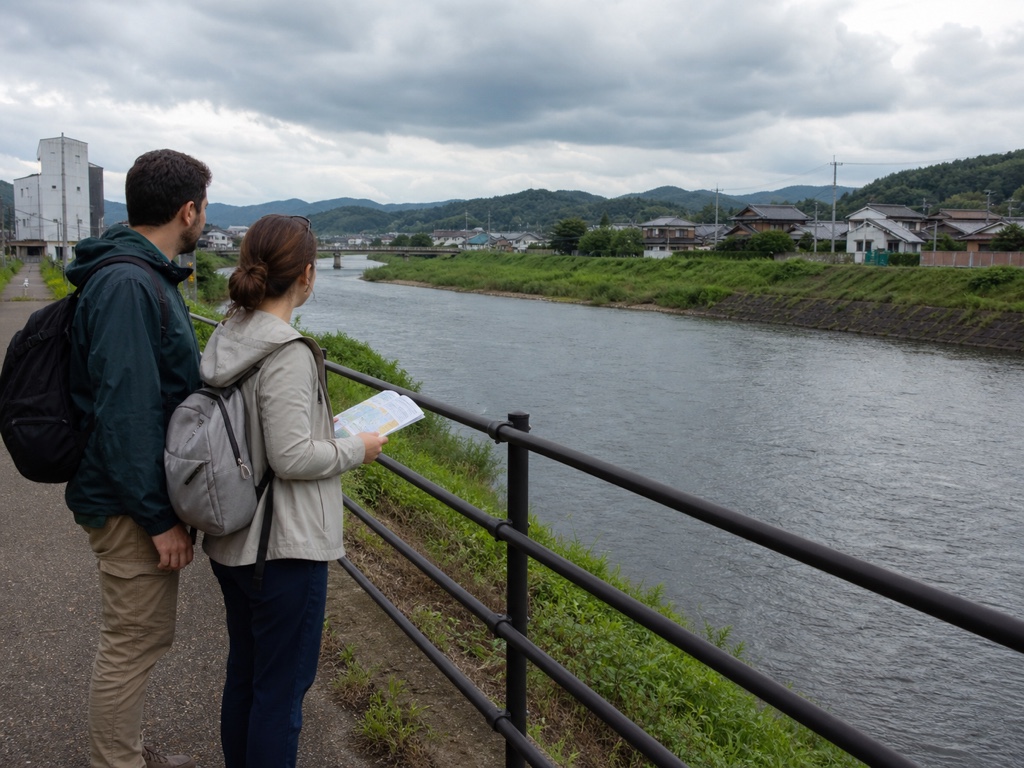 a riverside area during heavy rain with an evacuation route