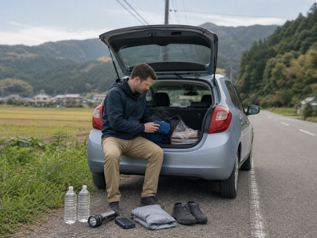 An emergency kit packed in the trunk of a car