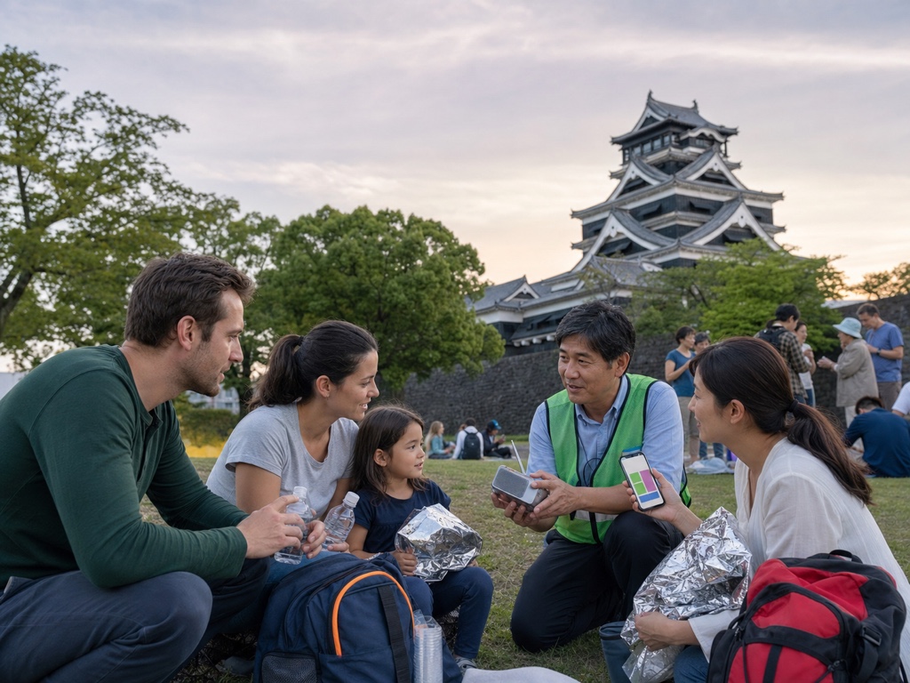 An international family and community near Kumamoto Castle supporting each other after an earthquake